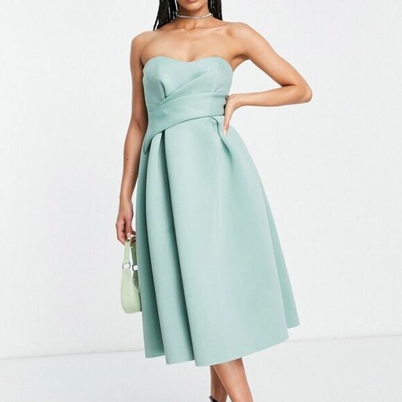 ASOS Design Wrap Bodice Bandeau Prom Formal Midi Scuba Dress Frosty Sage 4 - Picture 1 of 10